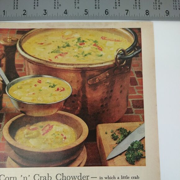 1958 Del Monte Corn Ad Crab Chowder Bronze Pot Wood Bowl Recipe MCM Print Ad - Picture 6 of 8